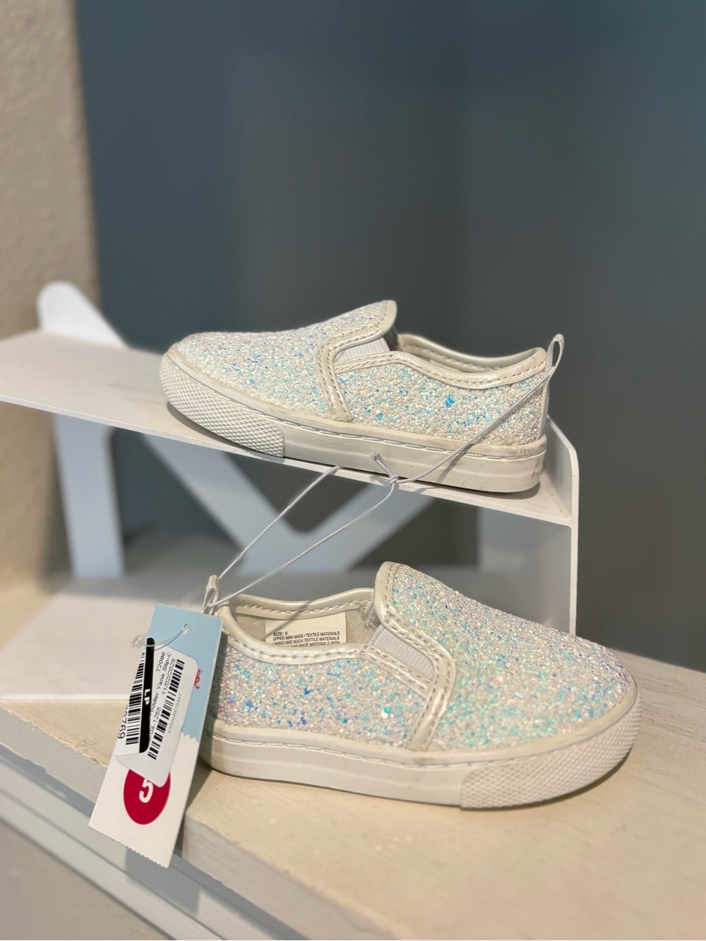 NEW Cat & Jack Girls Size 5 Toddler Yana Slip-On White Glitter Sneakers